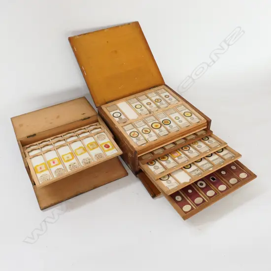 2 WOODEN BOXES OF MICROSCOPIC SLIDES